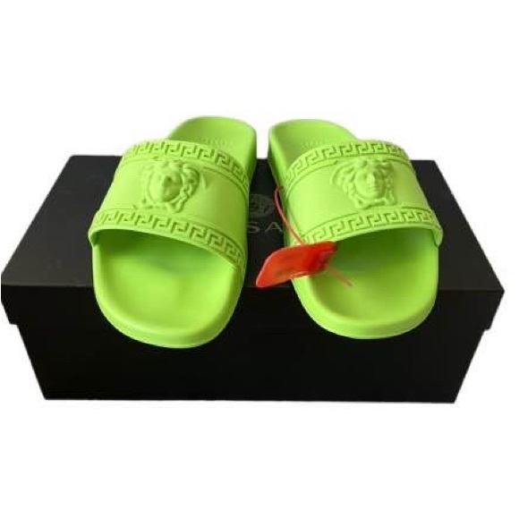 Versace Pool Slides W6 Neon Green Matte Women Sandals - Picture 2 of 4